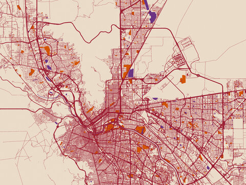 Cartographic city illustration of El Paso, Texas &mdash; cream-toned map field with burgundy roads, terracotta highlights and muted violet water shapes