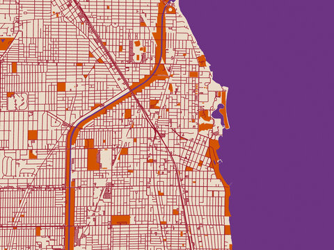 City map of Evanston, Illinois &ndash; muted violet water and terracotta