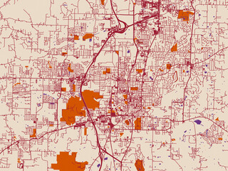 Obraz premium Street map of Fayetteville, Arkansas in burgundy linework on cream