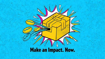 Stylized yellow gift box exploding with gold coins and bright comic book style bursts of color