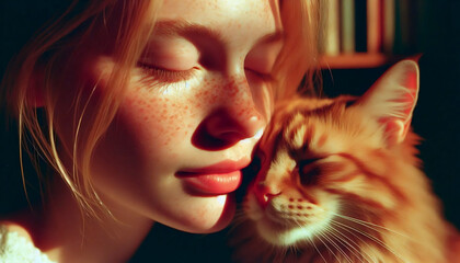 An intimate close-up of a woman with a cat, Ai generated image