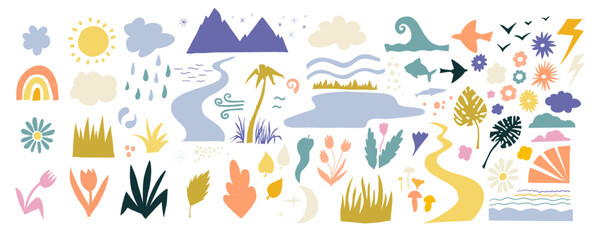 Obraz premium Set of hand drawn doodle spring, summer, autumn and winter pictograms and icons. Weather, nature, plants and flowers elements, vector illustration.