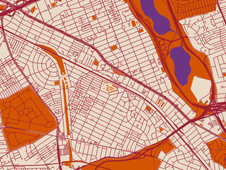 Obraz premium Cartographic city illustration of Forest Hills, New York — warm neutral background with burgundy linework streets, terracotta blocks and violet water contrast