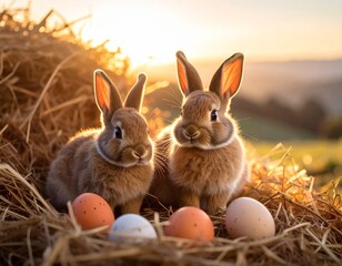 Obraz premium Rustykalna kompozycja wielkanocna- sian, pisanki, małe zajączki, lniane sznurki, kolor Mocha Mous