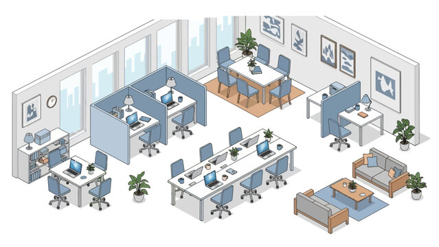 Modern office space isometric view with workstations and meeting areas.