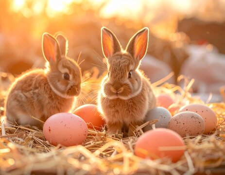 Rustykalna kompozycja wielkanocna- sian, pisanki, małe zajączki, lniane sznurki, kolor Mocha Mous