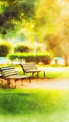 Fototapeta premium Serene park scene watercolor illustration evoking calm relaxation and peaceful environmental moments