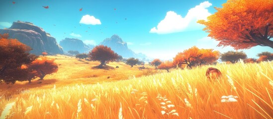 Vibrant Autumn Landscape: Golden Fields, Fiery Trees, Distant Mountains, and Azure Sky