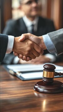 A professional handshake signifies agreement, partnership, or resolution. A judge's gavel rests on a desk, suggesting legal proceedings or a fair conclusion.