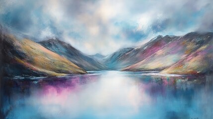 Vibrant Impressionistic Mountain Lake Painting with Luminous Sky and Colorful Reflections