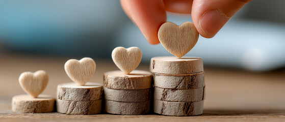 木のブロックとハートで表す満足度の向上 段階評価のイメージ