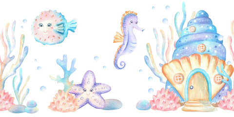 Naklejka premium Seamless border of watercolor seahorse, pufferfish, blue shell house, seaweeds and coral, starfish. Underwater world clipart. Hand-drawn illustration for sea-themed design of nursery, postcard, cover