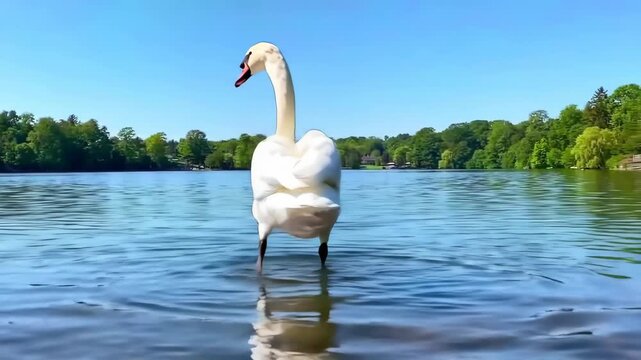 Large white waterfowl standing in shallow water near wooded shore under bright sky