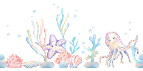 Seamless border of watercolor starfish, octopus, seaweeds and coral, seashells. Underwater world clipart. Ocean floor. Hand-drawn illustration for sea-themed design of nursery, postcard, cover © Elena Valeto