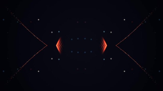 Digital art featuring glowing orange chevron patterns and vibrant lights on dark background with futuristic elements displayed