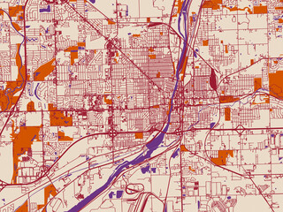 Obraz premium Urban map poster of Joliet, Illinois with warm ivory base with deep wine street grid, clay-orange areas and dusky purple waterways
