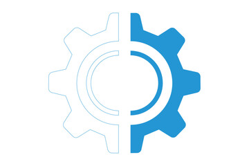 Blue and white gear icon with cogwheel design on white background