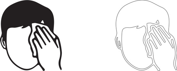 Head of a man wiping his face with a handkerchief with his left hand. Vector template.