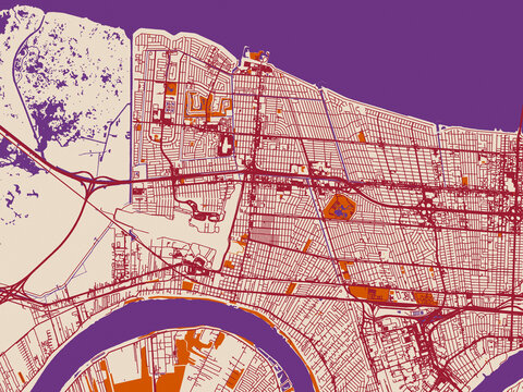 Street network map of Kenner, Louisiana, muted violet water and terracotta
