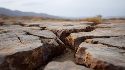 Close up of cracked dry earth and rugged rocks in a barren desert landscape showcasing natural textures and patterns