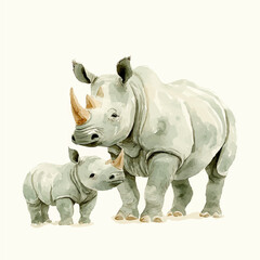 Obraz premium watercolor vector of A Mother Rhinoceros With Her Kid, isolated on a white background.