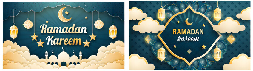 A Ramadan Kareem greeting card with a blue background and golden decorations