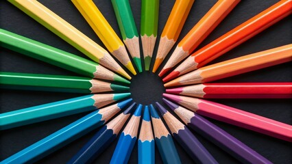 Fototapeta premium Vibrant colored pencils arranged in a creative circle on black background