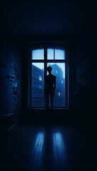 A silhouette in a window at dusk, Ai generated image