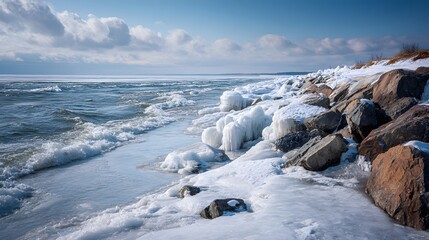 Fototapeta premium Frozen coastline with waves crashing against icy rocks and shoreline on a sunny winter day