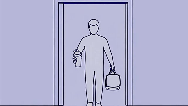 Person Leaving for Gym with Shaker and Bag, Fitness Routine Icon Animation Black and White Vector Drawing of Man Holding Protein Shaker
