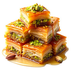 Sweet Basbousa dessert with pistachios, syrup on transparent background