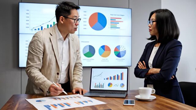 Business people analyze data charts in office environment for presentation