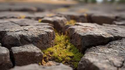 Resilient green moss sprouts from deep cracks in a dry arid rocky landscape showcasing life s persistence in harsh environments