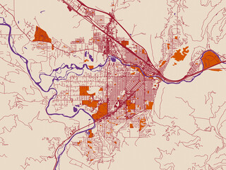 Naklejka premium Street map of Missoula, Montana in burgundy linework on cream