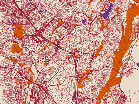 Street network map of Mission Viejo, California, featuring warm neutral background with burgundy linework streets, terracotta blocks and violet water contrast