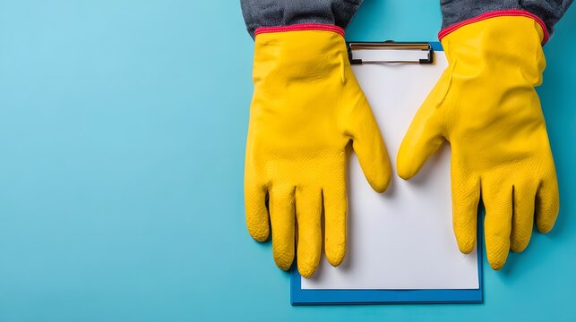 Yellow rubber gloves and clipboard on a blue background, ready for cleaning tasks