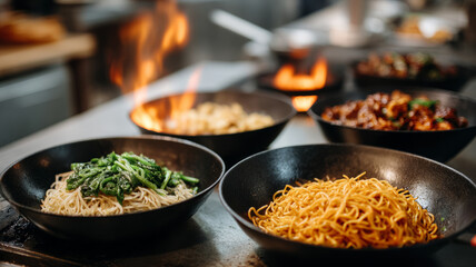 Delicious Asian noodles with fresh vegetables in sizzling restaurant kitchen