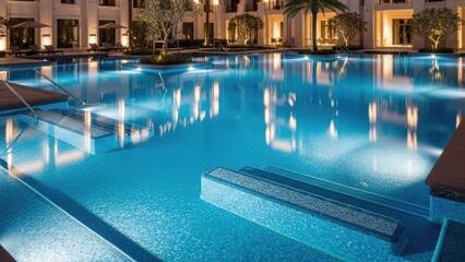 Fototapeta premium A serene and luxurious outdoor swimming pool at nighttime in a resort