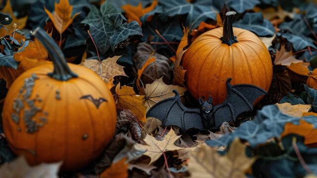 Video A group of pumpkins sitting on top of a pile of autumn leaves, great for fall themed designs and s