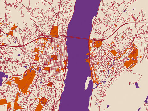 City map of Newburgh - Beacon, New York &ndash; burgundy linework on cream