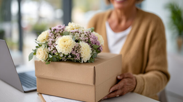 Mature woman receiving floral delivery in modern office