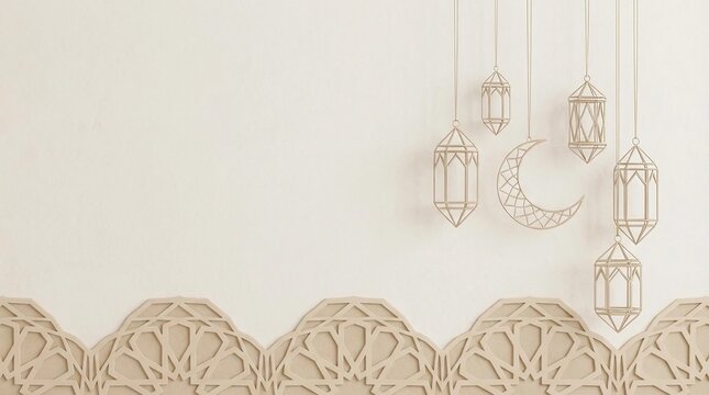 Minimal Ramadan Background with Hanging Lanterns and Crescent Moon