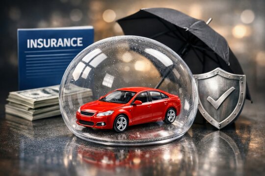 Red car protected inside a transparent dome with umbrella and shield beside insurance document and money stack, symbolizing vehicle coverage and safety