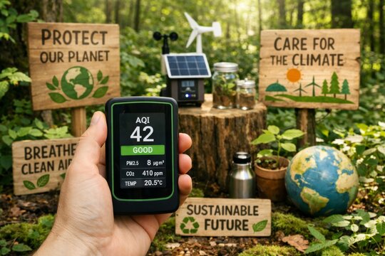Hand holding air quality monitor showing good AQI in forest with eco signs, renewable energy models, and messages about climate care and sustainability