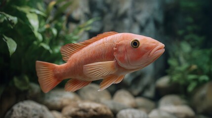 Obraz premium A solitary vibrant orange fish swims serenely in a clear freshwater aquarium surrounded by lush green aquatic plants and natural stones