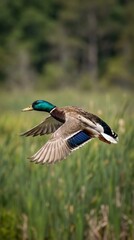 Obraz premium Mallard Duck Flying Over Grassy Field