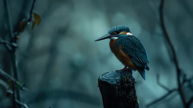Video A bird perches on a tree stump, surrounded by raindrops