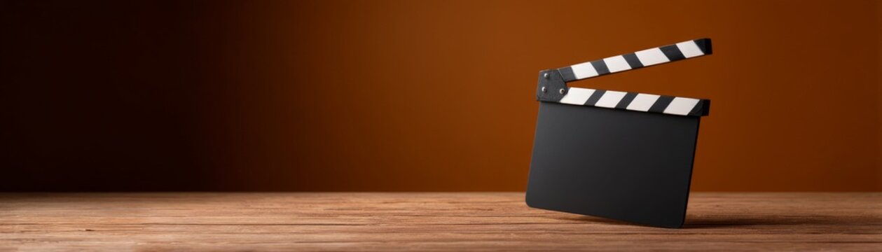 A cinematic clapperboard stands on a wooden surface against an orange background, symbolizing film production and creativity.
