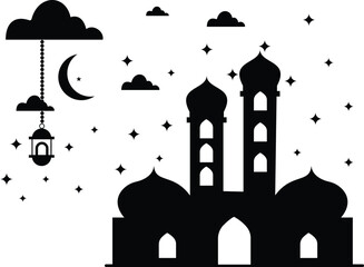 Ramadan Night Mosque Silhouette with Crescent Moon and Lantern