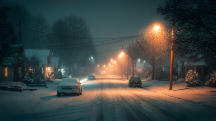 Snowy suburban street at night with warm streetlights illuminating falling snow